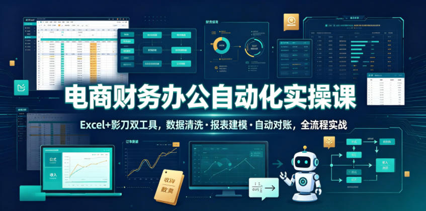 电商财务办公化实操课，Excel+影刀双工具，数据清洗・报表建模・对账，全流程实战