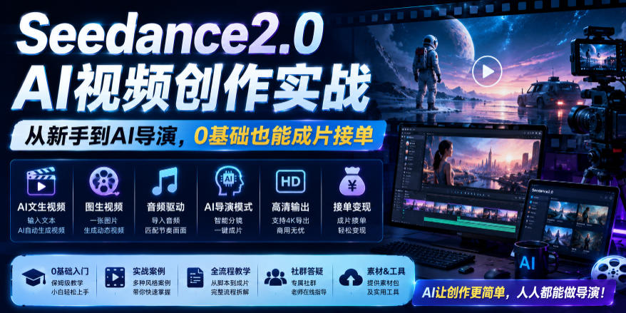 Seedance2.0 AI视频创作实战，从新手到AI导演，0基础也能成片接单变现