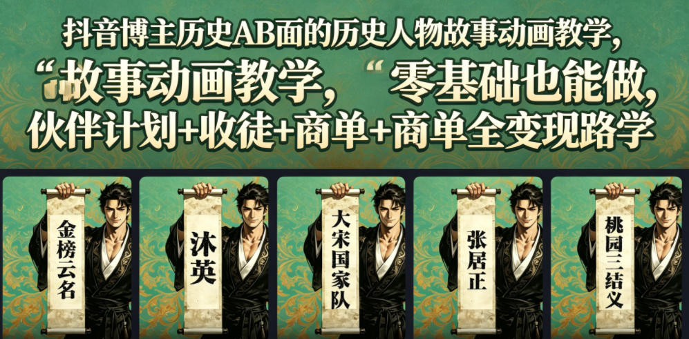 某音博主历史AB面的历史人物故事动画教学，零基础也能做，伙伴计划+收徒+商单全变现路径教学