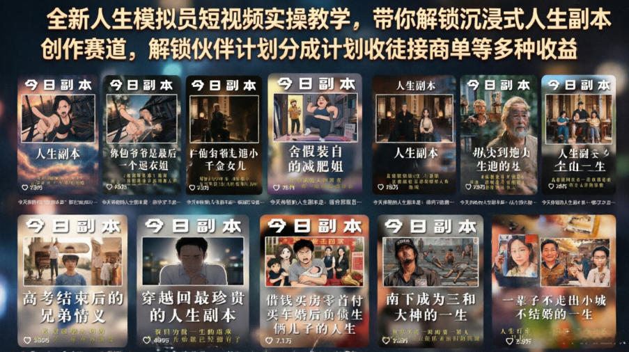 全新人生模拟员短视频实操教学，带你解锁沉浸式人生副本创作赛道，解锁伙伴计划分成计划收徒接商单等多种收益