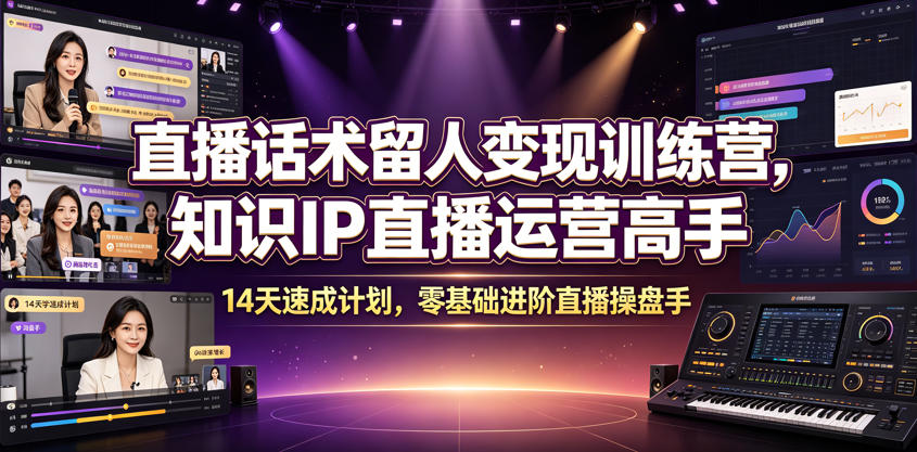 直播话术留人变现训练营，知识IP直播运营高手，14天速成计划，零基础进阶直播操盘手