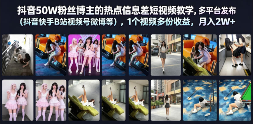 某音50W丝博主的热点信息差教学，多平台发布（某音某手B站视频号微博等），1个视频多份收益，2W+