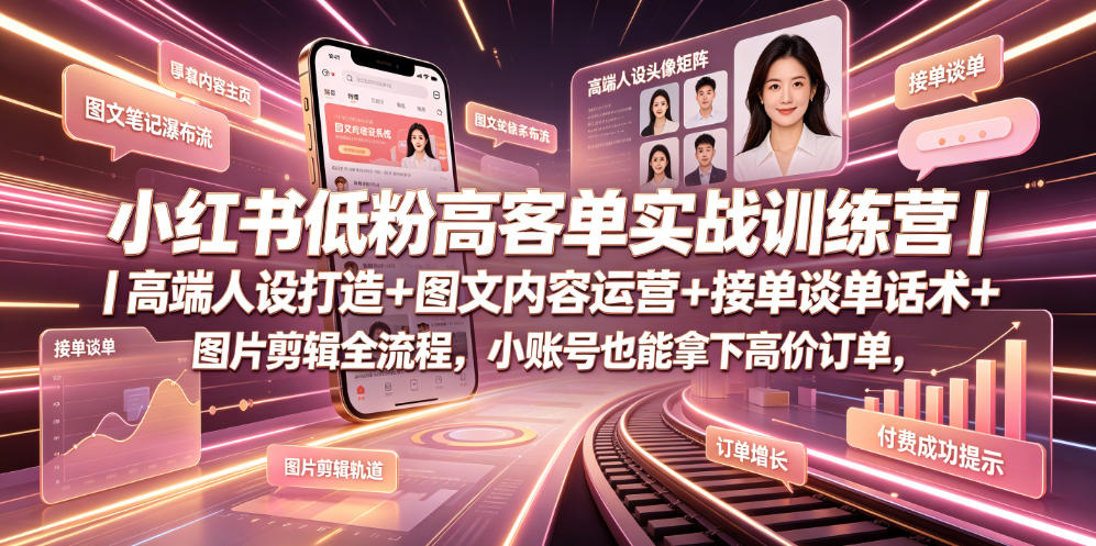 小某书低高客单实战训练营｜高端人设打造+图文内容运营+接单谈单话术+图片剪辑全流程，小账号也能拿下高价订单