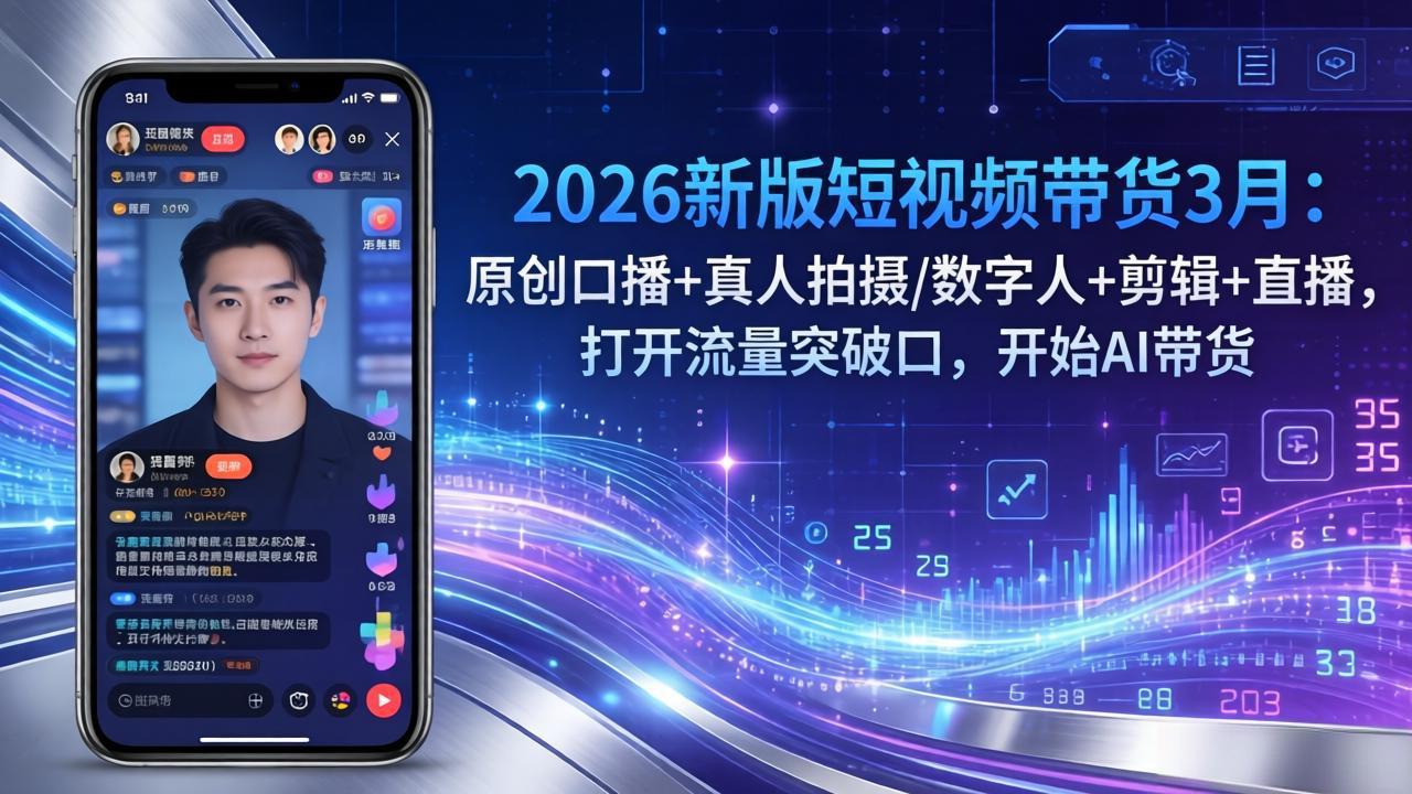 （17724期）2026新版短视频带货3月：原创口播+真人拍摄数字人+剪辑+直播，打开流量突破口，开始AI带货