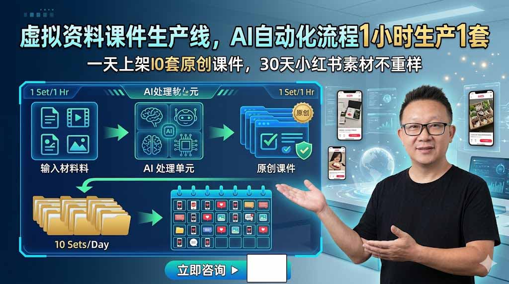 （19091期）虚拟资料课件生产线，AI化流程1小时生产1套，一天上架10套原创课件，30天小某书素材不重样