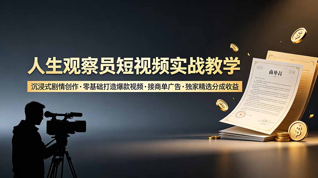 （19113期）人生观察员短视频实战教学，沉浸式剧情创作，零基础打造爆款视频，接商单广告，独家精选分成收益