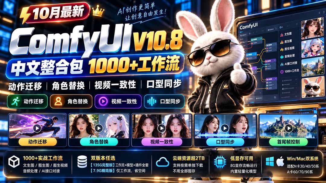 H3闲兔导演打造ComfyUI V10.8中文版，畅享无限创意，千余工作流轻松切换，动作与角色自由迁移，视频同步无忧，低显存轻松驾驭