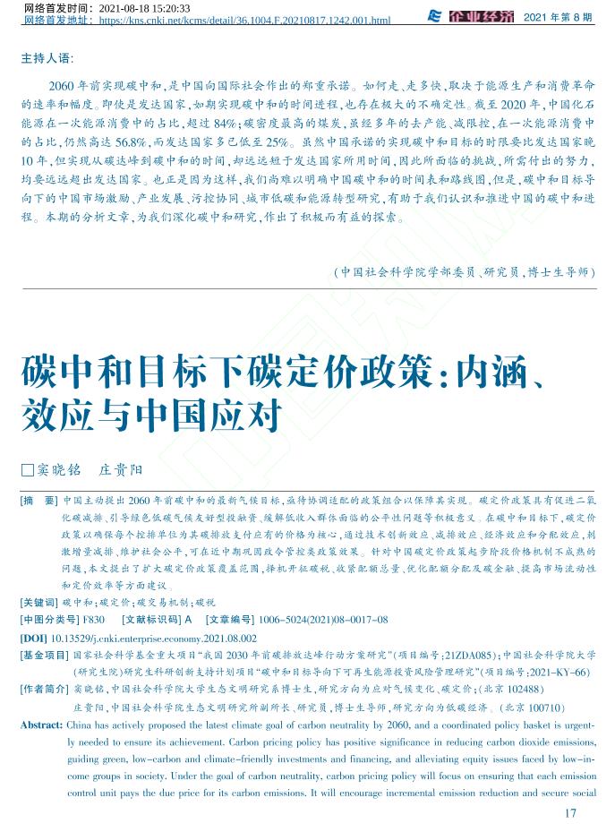 碳中和目标下碳定价政策：内涵、效应与中国应对