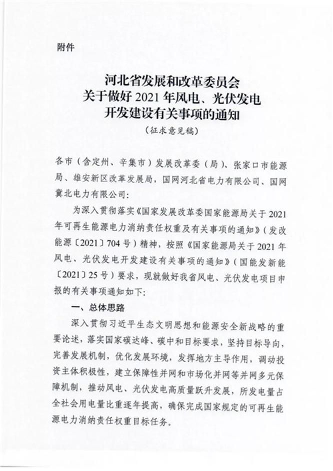 河北省发改委印发《关于做好2021年风电、光伏发电开发建设有关事项的通知》（征求意见稿）