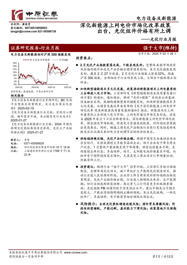 【推荐】深化新能源上网电价市场化改革政策出台，光伏组件价格有所上调-中原证券-250228-13页