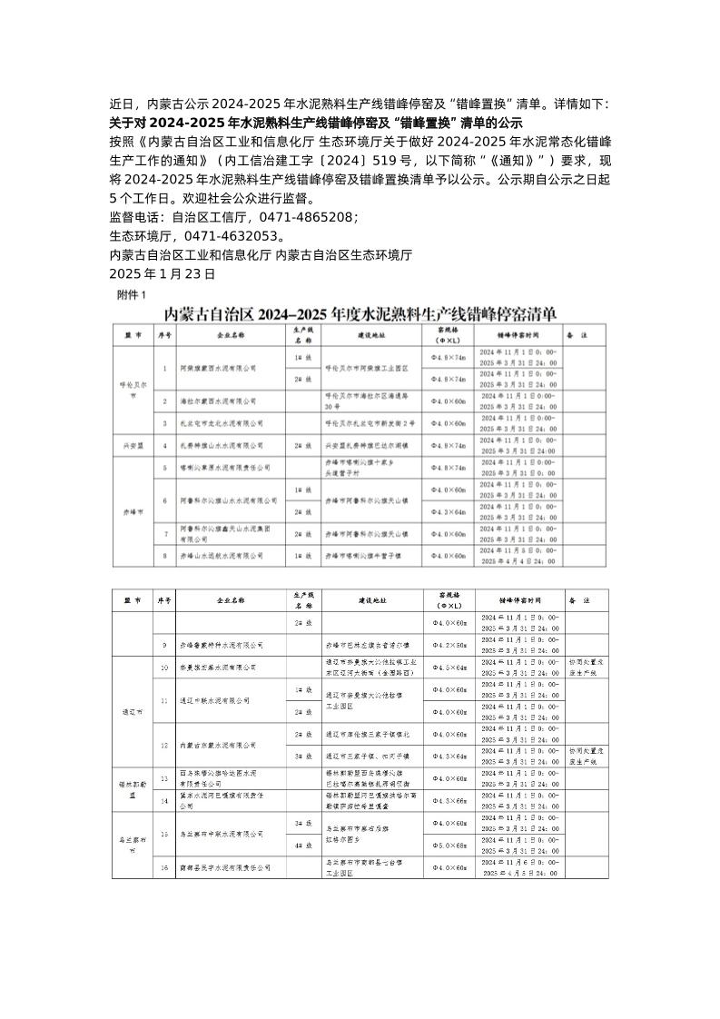 【政策】内蒙古公示2024-2025年水泥熟料生产线错峰停窑及“错峰置换”清单