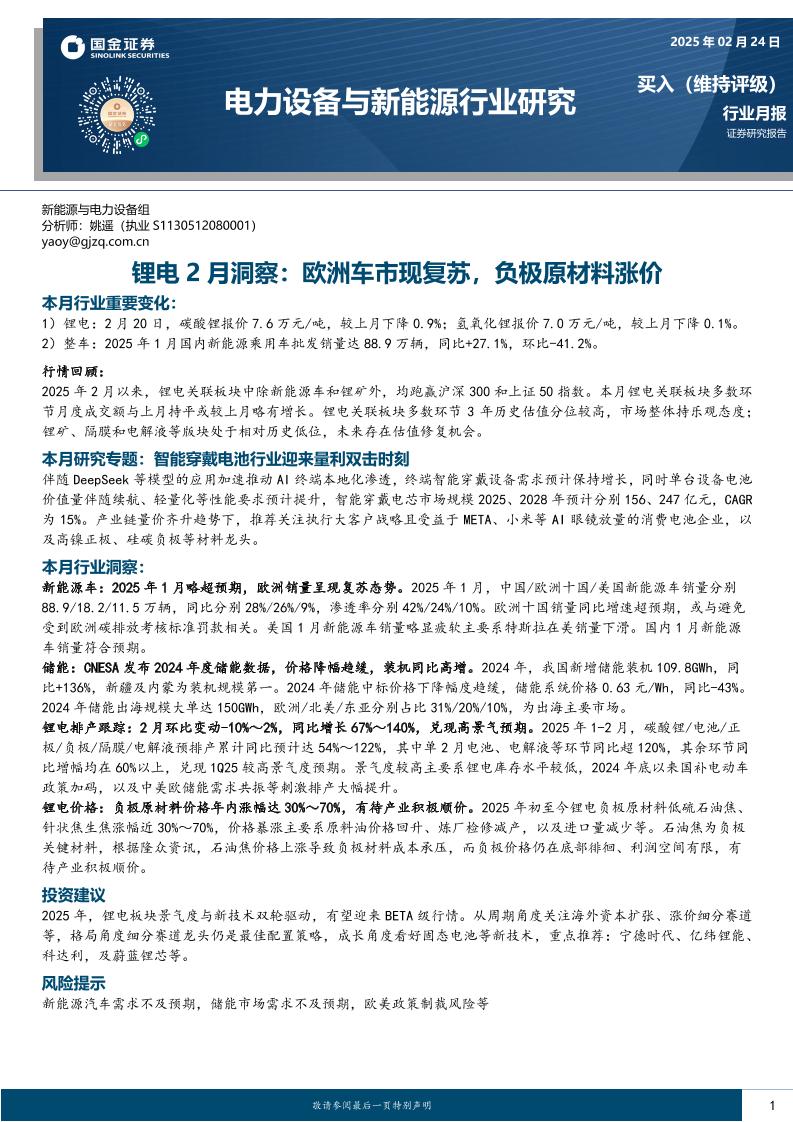 国金证券：锂电2月洞察，欧洲车市现复苏，负极原材料涨价