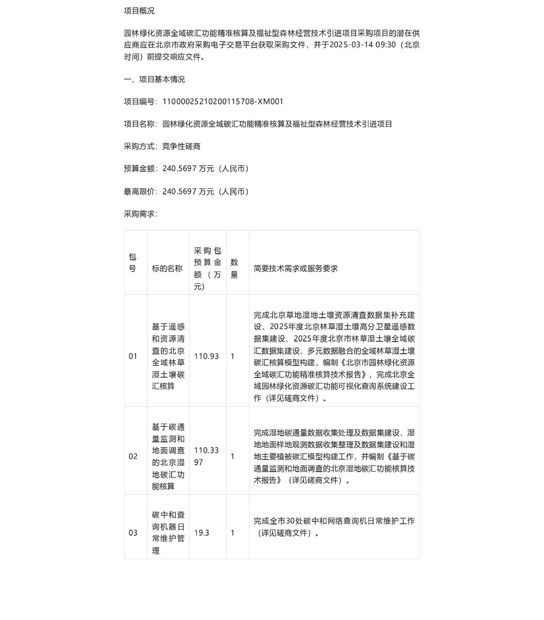【招标】碳汇240万-园林绿化资源全域碳汇功能精准核算及福祉型森林经营技术引进项目