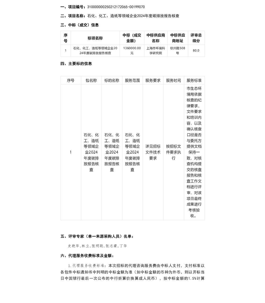 【中标】碳核查136万-石化、化工、造纸等领域企业2024年度碳排放报告核查的中标（成交）结果公告-上海市环境科学研究院