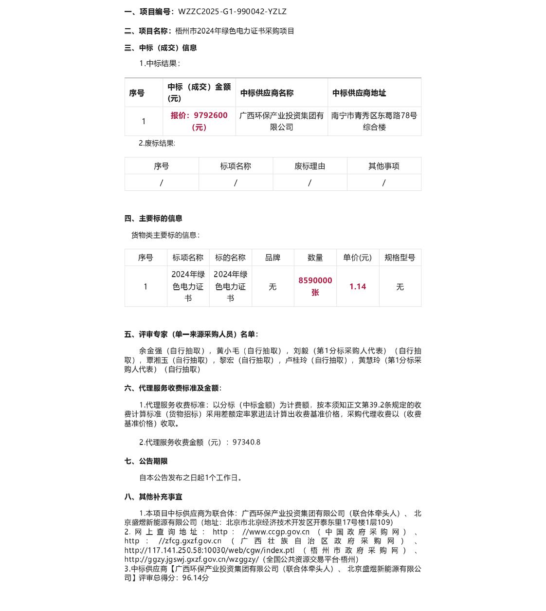 【中标】绿证采购979万-梧州市2024年绿色电力证书采购项目-广西环保产业投资集团有限公司