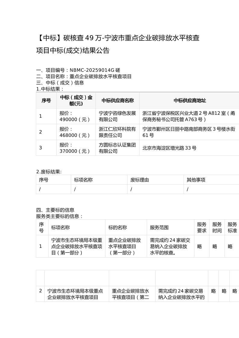 【中标】碳核查49万-宁波市重点企业碳排放水平核查项目中标(成交)结果公告