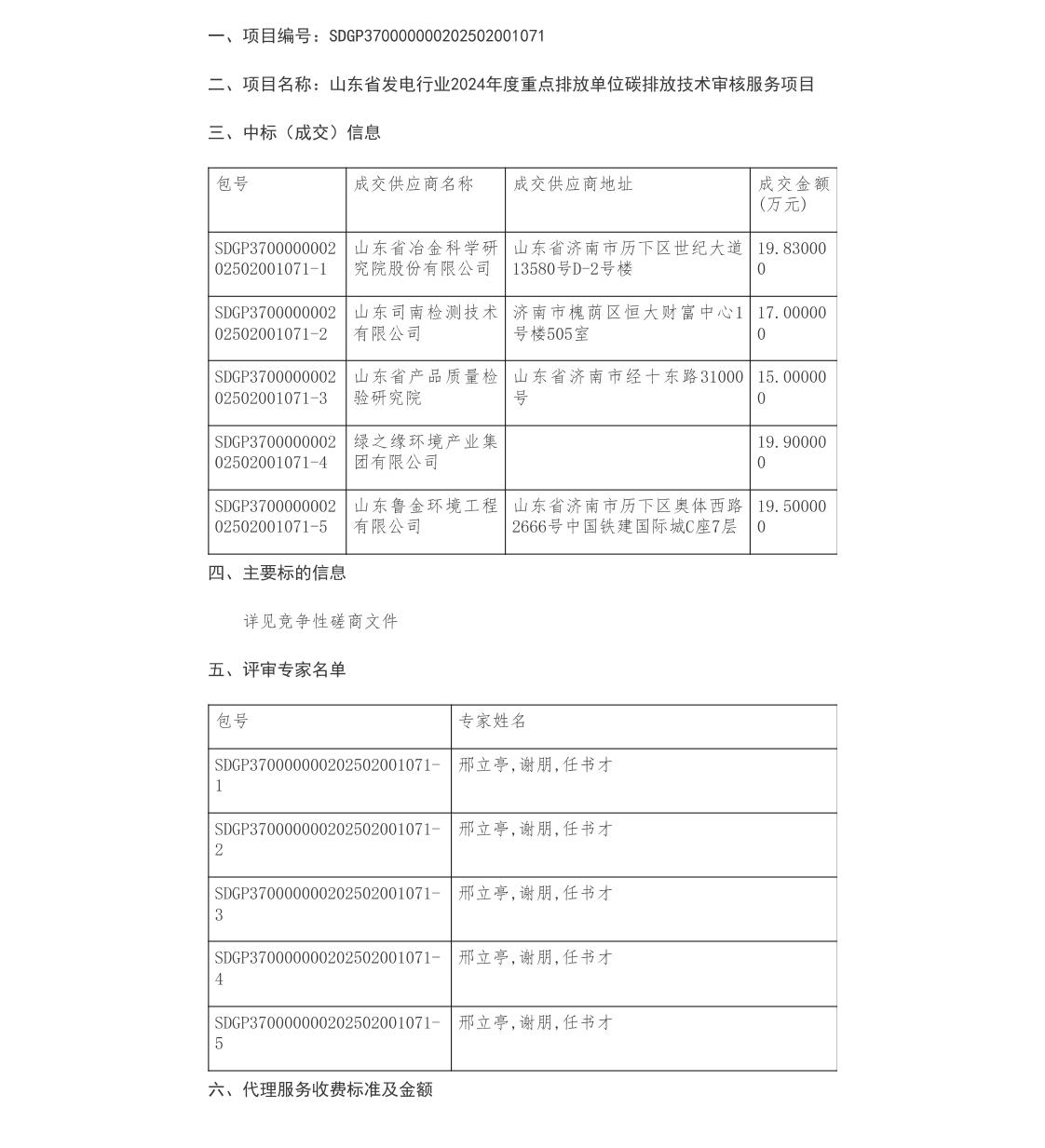 【中标】碳审核-山东省发电行业2024年度重点排放单位碳排放技术审核服务项目成交公告-山东省冶金科学幕究院股份有限公司