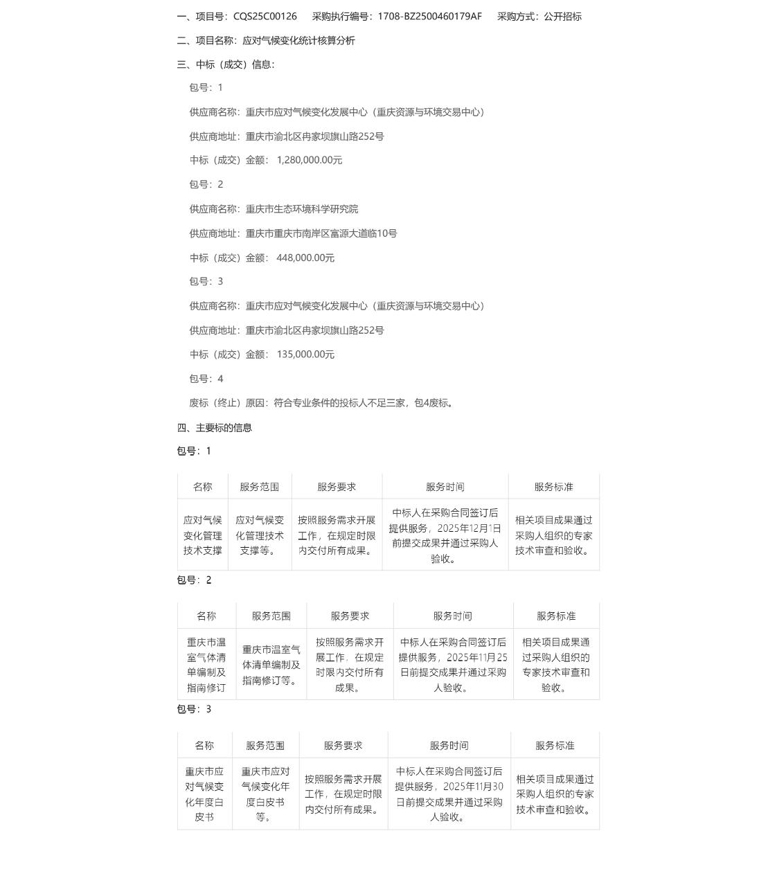 【中标】气候变化-重庆市气变应对气候变化统计核算分析(CQS25C00126)中标（成交）结果公告-重庆市应对气候变化发展中心