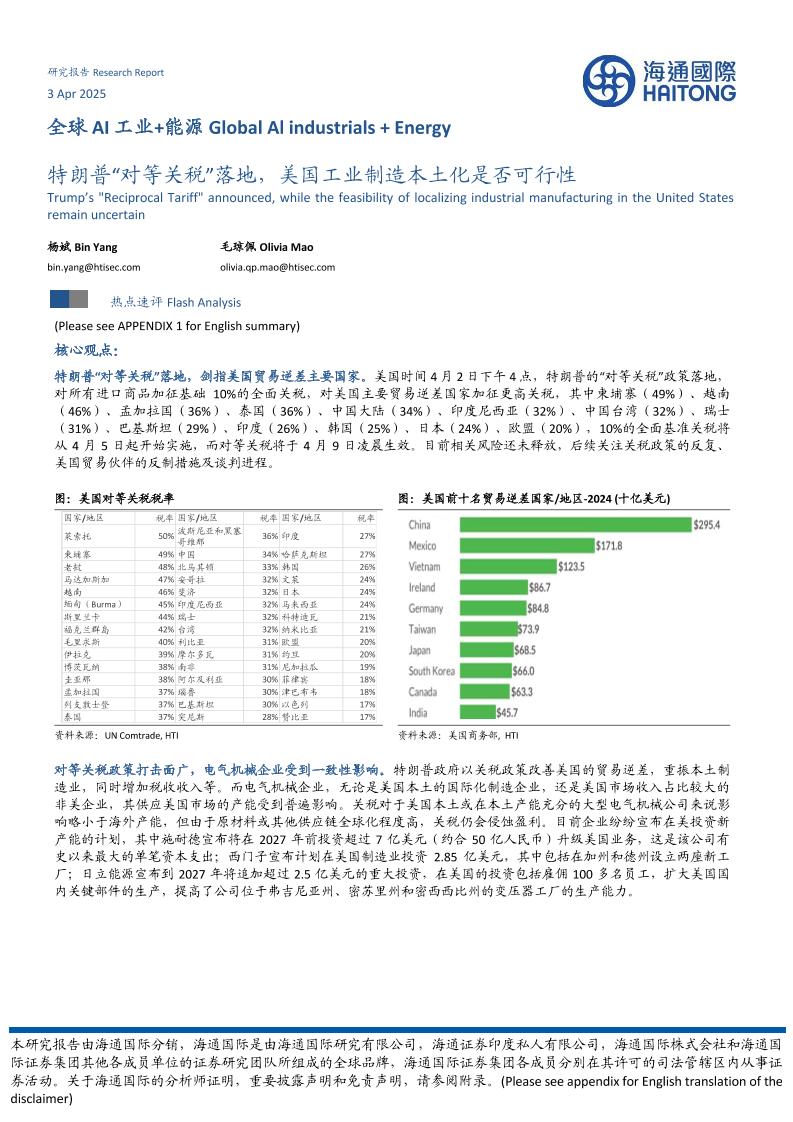 全球AI工业+能源行业：特朗普“对等关税”落地，美国工业制造本土化是否可行性-250403-海通国际-10页