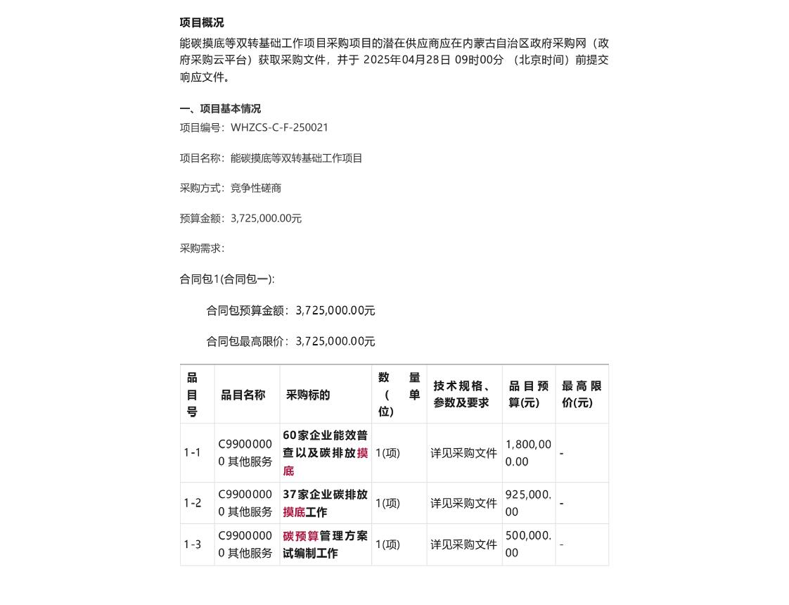 【招标】能碳系统372万-能碳摸底等双转基础工作项目