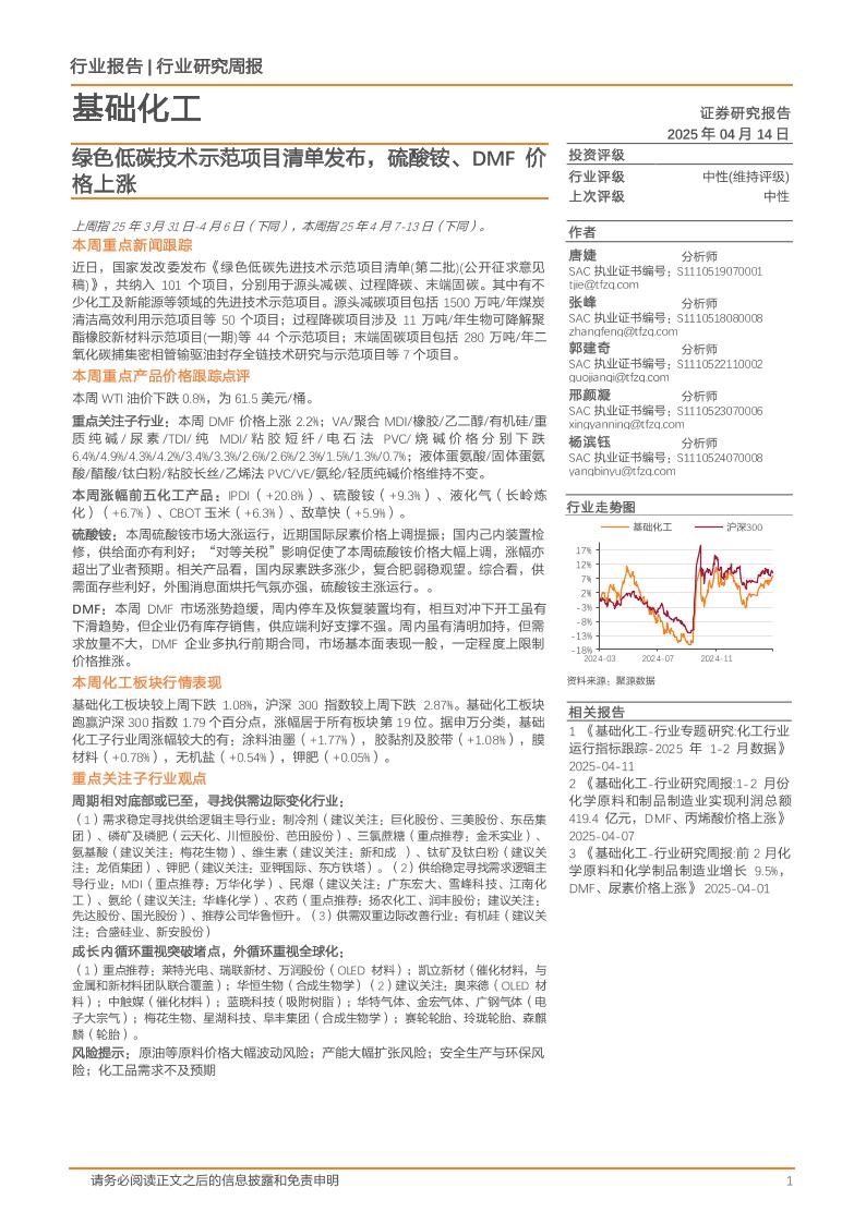 【推荐】绿色低碳技术示范项目清单发布，硫酸铵、DMF价格上涨