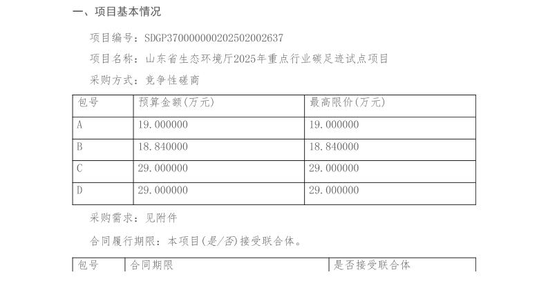 【招标】碳足迹-4个包95.84万-山东省2025年重点行业碳足迹试点项目竞争性磋商公告