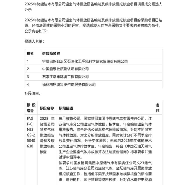 【中标】碳服务-国家管网2025年储能技术公司温室气体排放报告编制及碳排放模拟核查项目-宁夏回族自治区石油化工环境科学研究院股份有限公司
