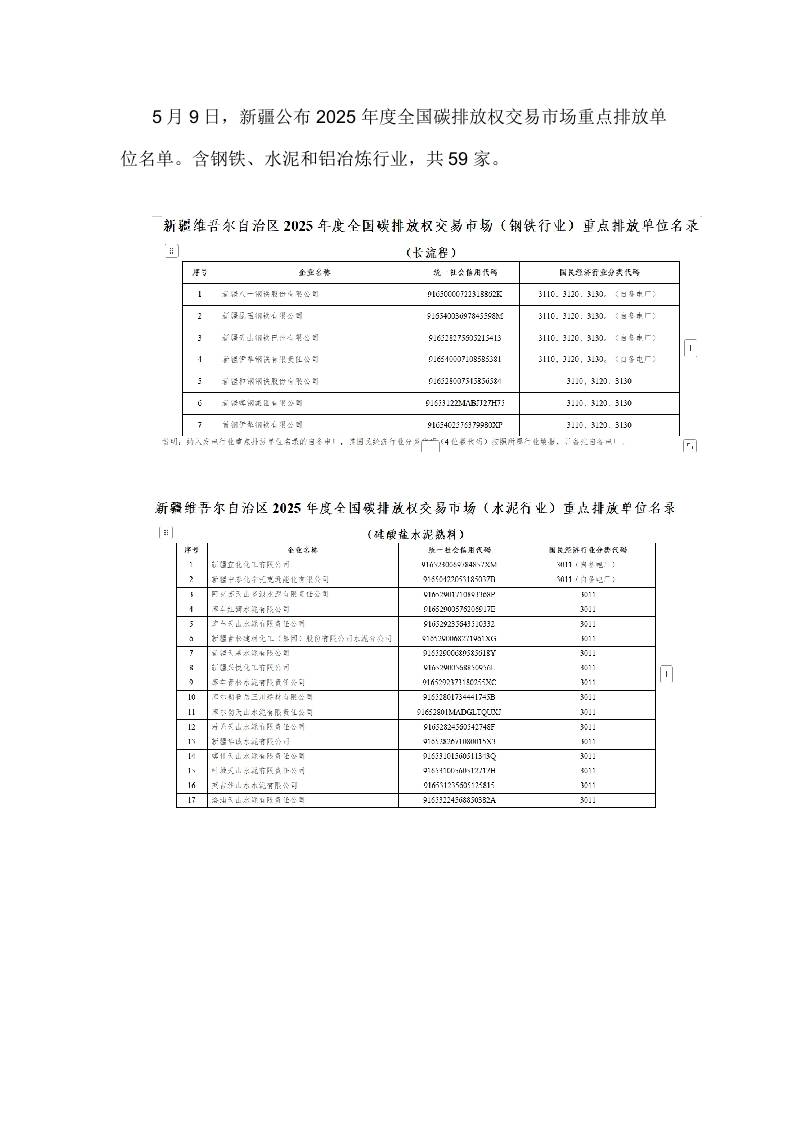 【政策】新疆2025年度全国碳排放权交易市场重点排放单位名单