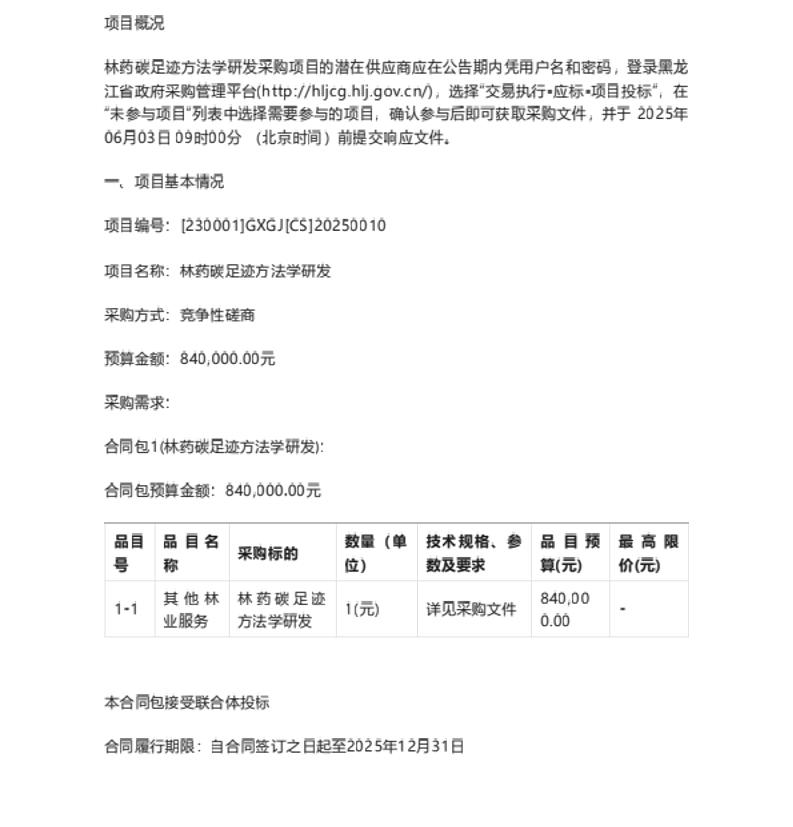 【招标】碳足迹84万-黑龙江省林药碳足迹方法学研发竞争性磋商公告