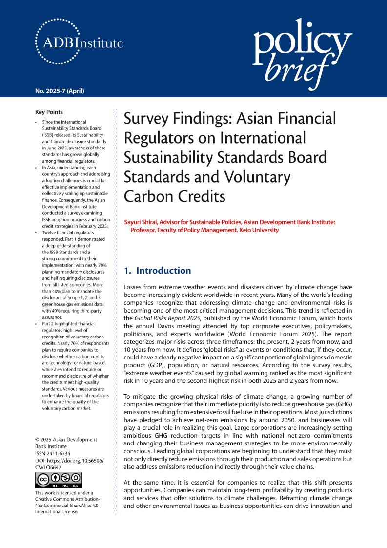 亚洲开发银行ADB：亚洲金融监管机构对国际可持续发展标准委员会标准和自愿碳信用的影响（英文版）