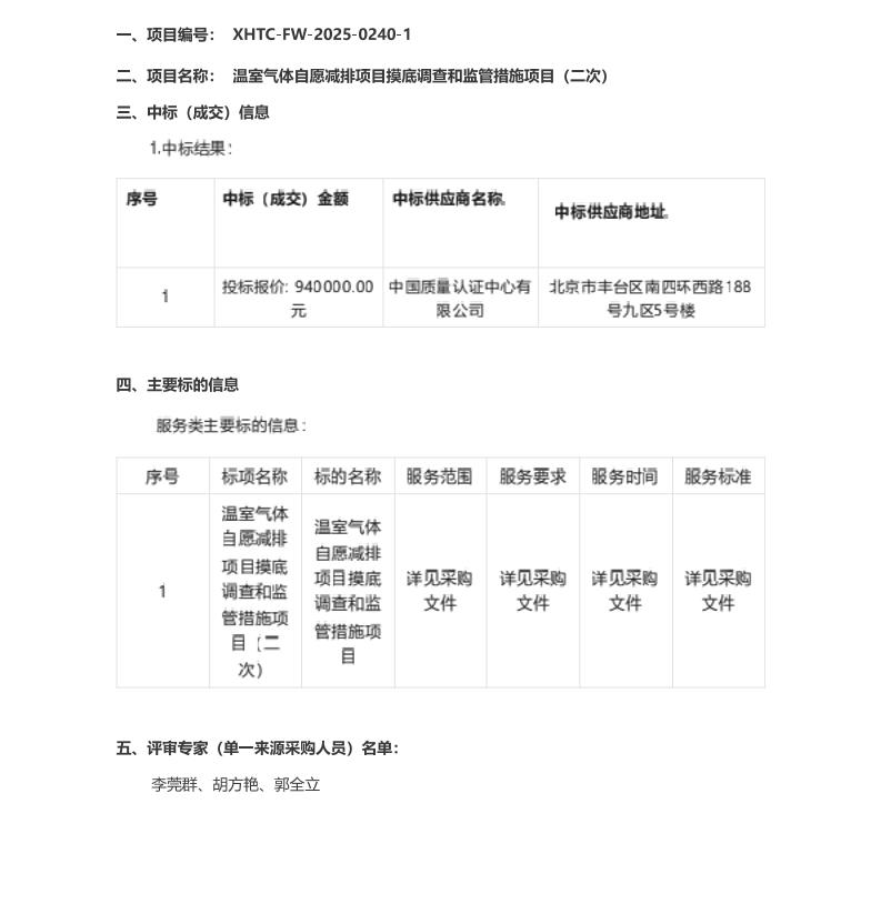 【中标】CCER调查94万-温室气体自愿减排项目摸底调查和监管措施项目（二次）中标(成交)结果公告-中国质量认证中心有限公司