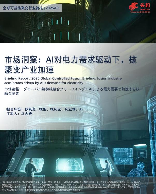 头豹：全球可控核聚变行业简报：市场洞察：AI对电力需求驱动下，核聚变产业加速