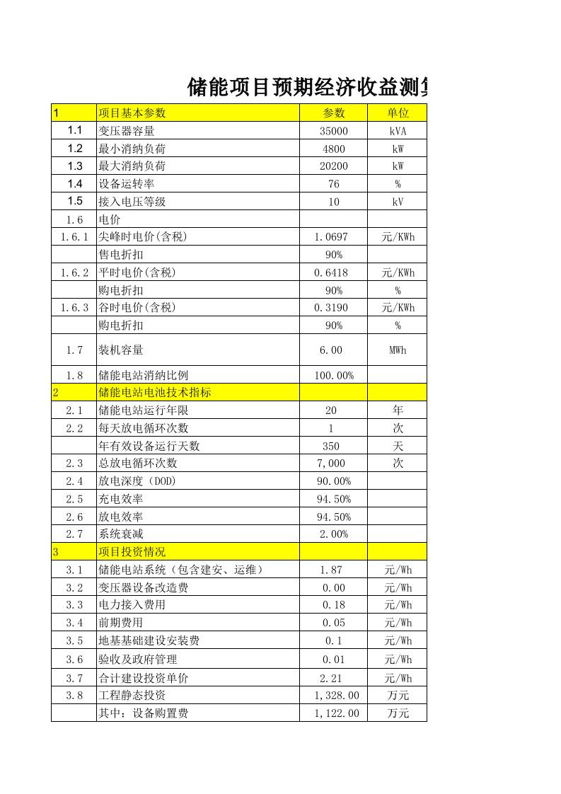 【Excel计算表】6MWH储能项目预期经济收益测算模型