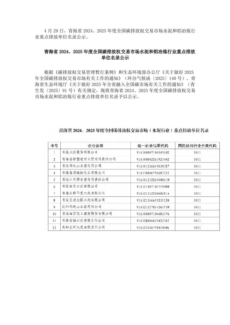 【政策】青海省2024、2025年度全国碳排放权交易市场水泥和铝冶炼行业重点排放单位名录公示
