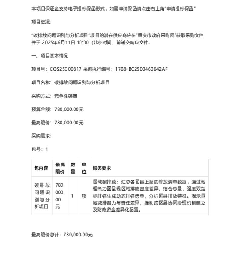 【招标】碳服务-重庆市碳排放问题识别与分析项目竞争性磋商公告