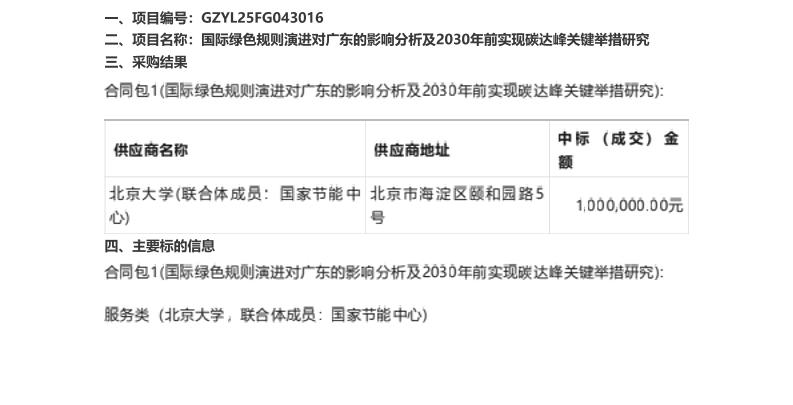 【中标】碳系统100万-国际绿色规则演进对广东的影响分析及2030年前实现碳达峰关键举措研究结果公告-北京大学