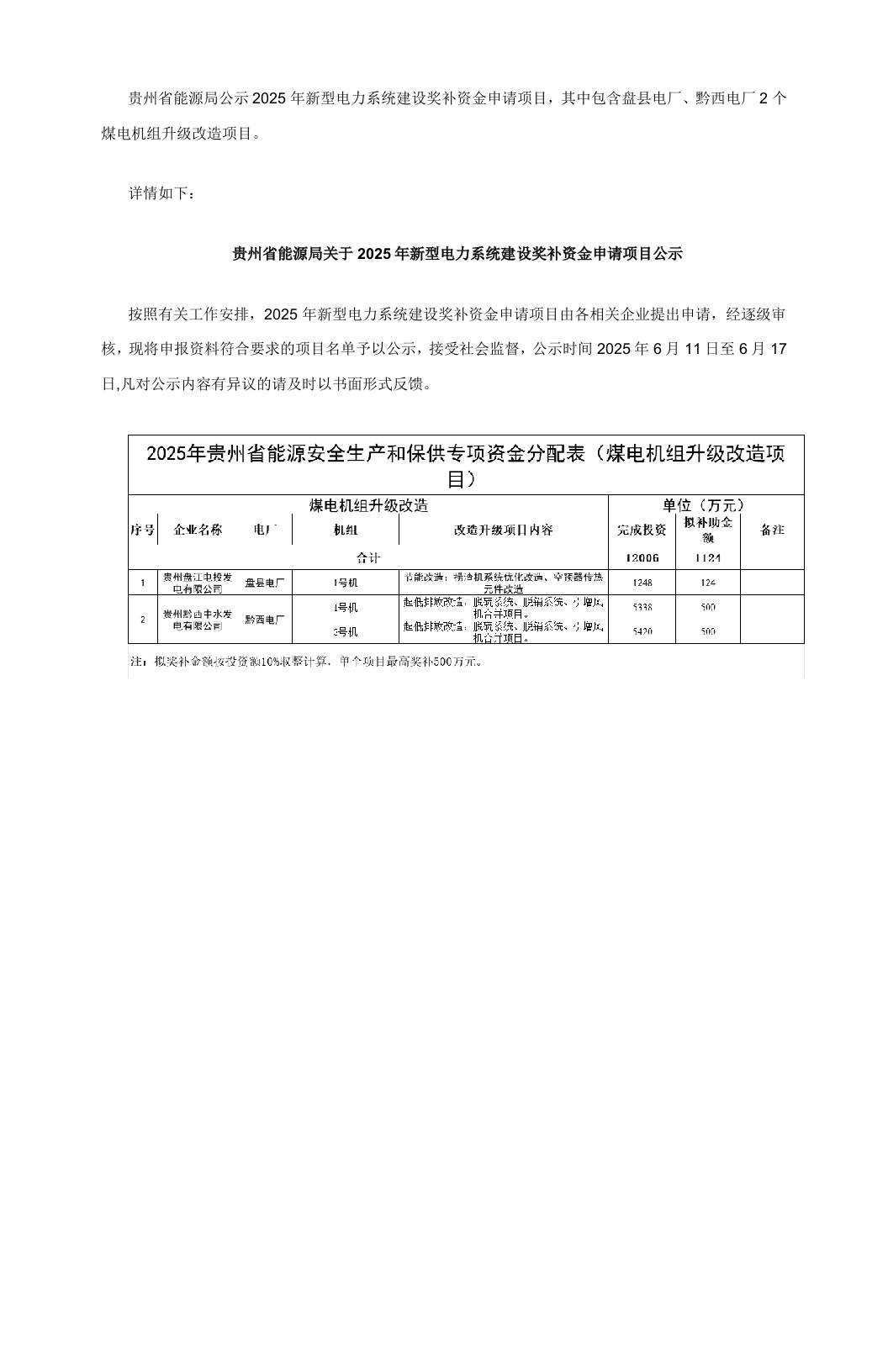 【政策】贵州关于2025年新型电力系统建设奖补资金申请项目公示