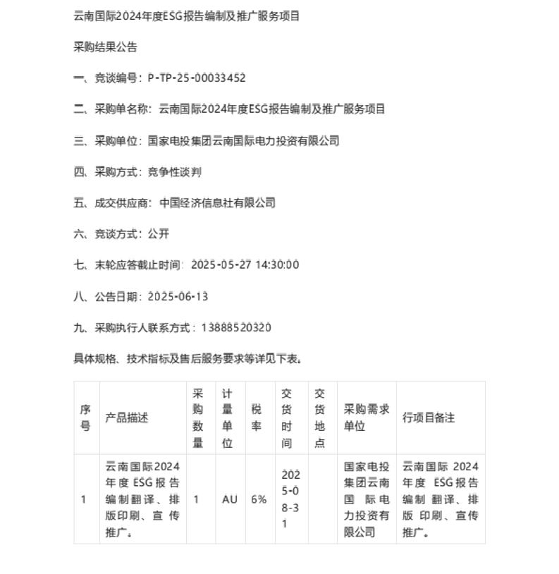 【中标】ESG服务-云南国际2024年度ESG报告编制及推广服务项目结果公告-中国经济信息社有限公司
