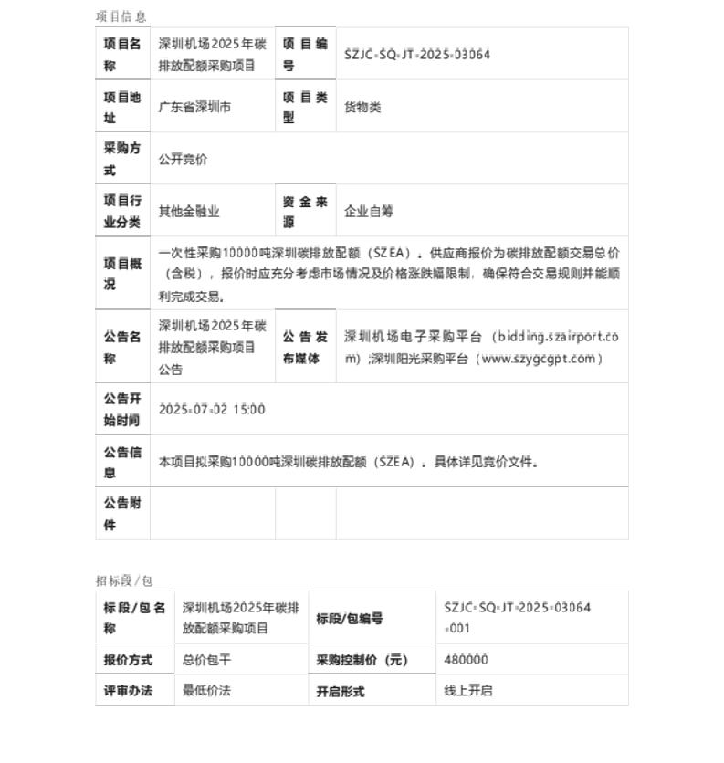 【招标】碳配额-深圳机场2025年碳排放配额采购项目公告