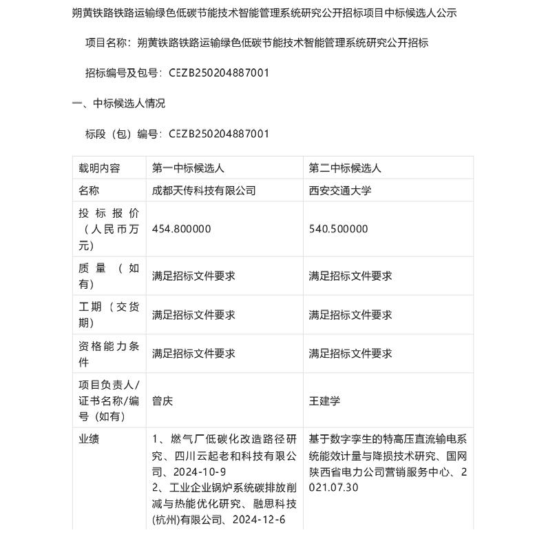 【中标】碳系统454万-朔黄铁路铁路运输绿色低碳节能技术智能管理系统研究公开招标-成都天传科技有限公司