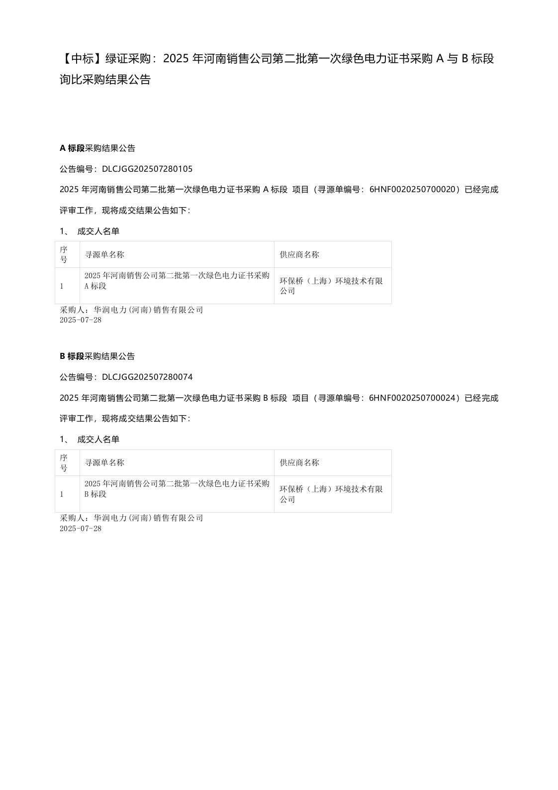 【中标】绿证采购：2025年河南销售公司第二批第一次绿色电力证书采购A与B标段询比采购结果公告
