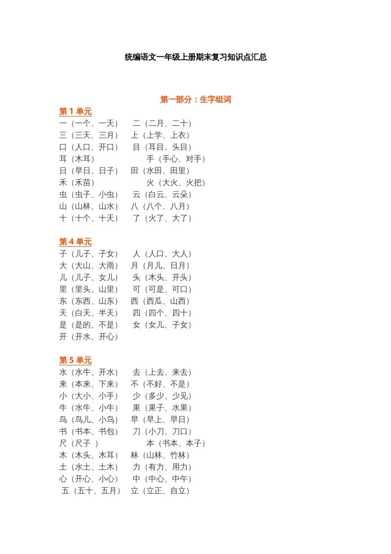 一年级语文册部编本：统编期末复习知识点汇总-【免费下载-高清无水印】【语文电子版可打印】