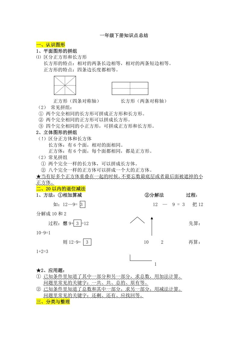 一年级数学册知识点总结-【免费下载-高清无水印】【数学电子版可打印】
