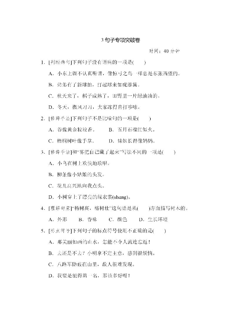 二年级语文册句子专项练习-【免费下载-高清无水印】【语文电子版可打印】