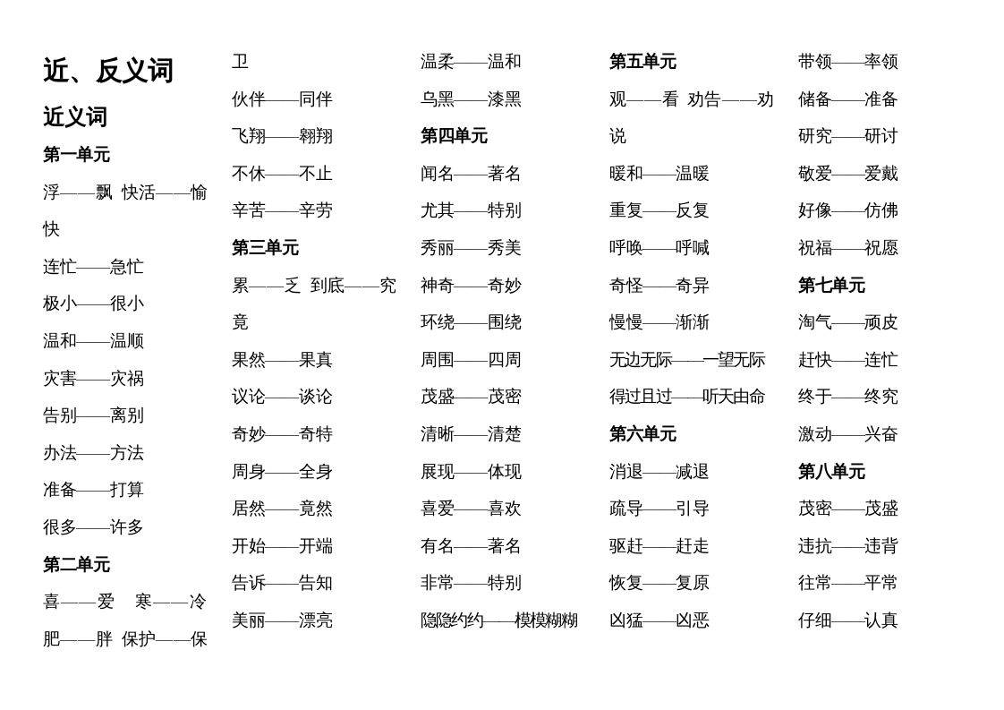 二年级语文册近反义词汇总-【免费下载-高清无水印】【语文电子版可打印】