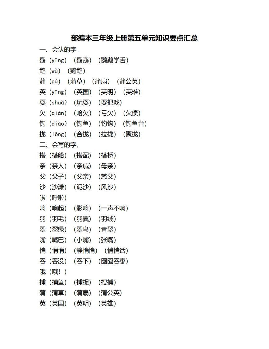 三年级语文册第五单元知识要点汇总-【免费下载-高清无水印】【语文电子版可打印】