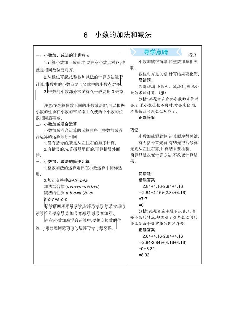 四年级数学册6.小数的加法和减法-【免费下载-高清无水印】【数学电子版可打印】