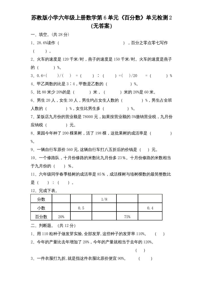 六年级数学册第6单元《百分数》单元检测2-【免费下载-高清无水印】【数学电子版可打印】