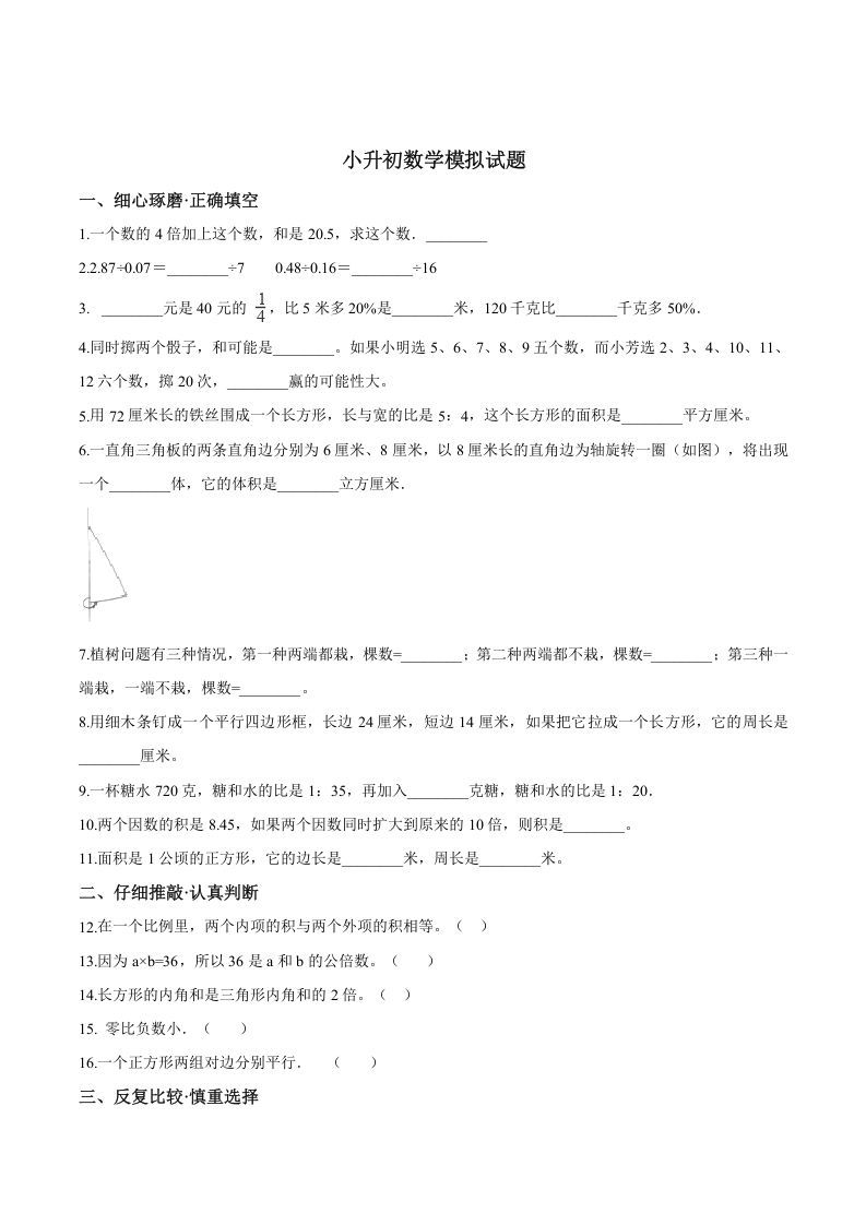 六年级数学册小升初模拟试题苏教版-【免费下载-高清无水印】【数学电子版可打印】