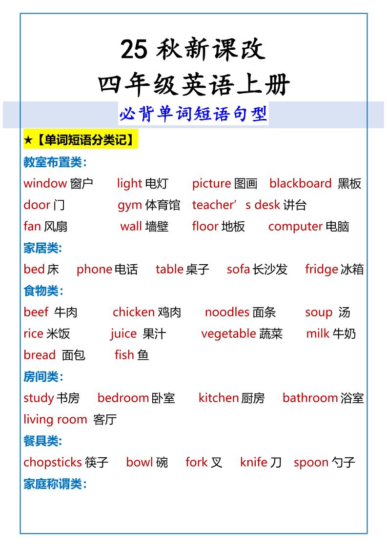 【2025秋新版】四年级英语上册必背单词短语句型-七宝：认真做好一件事